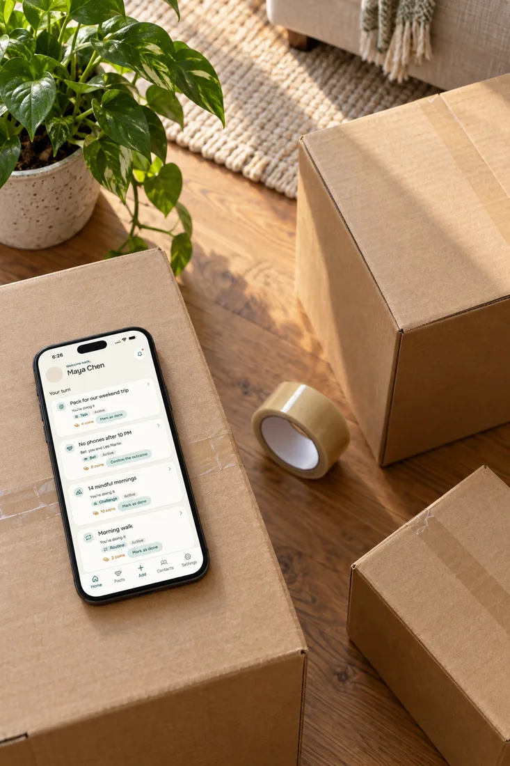 Questions to ask before moving in together: closed moving boxes, packing tape, a houseplant and a phone with the Alpacto home screen