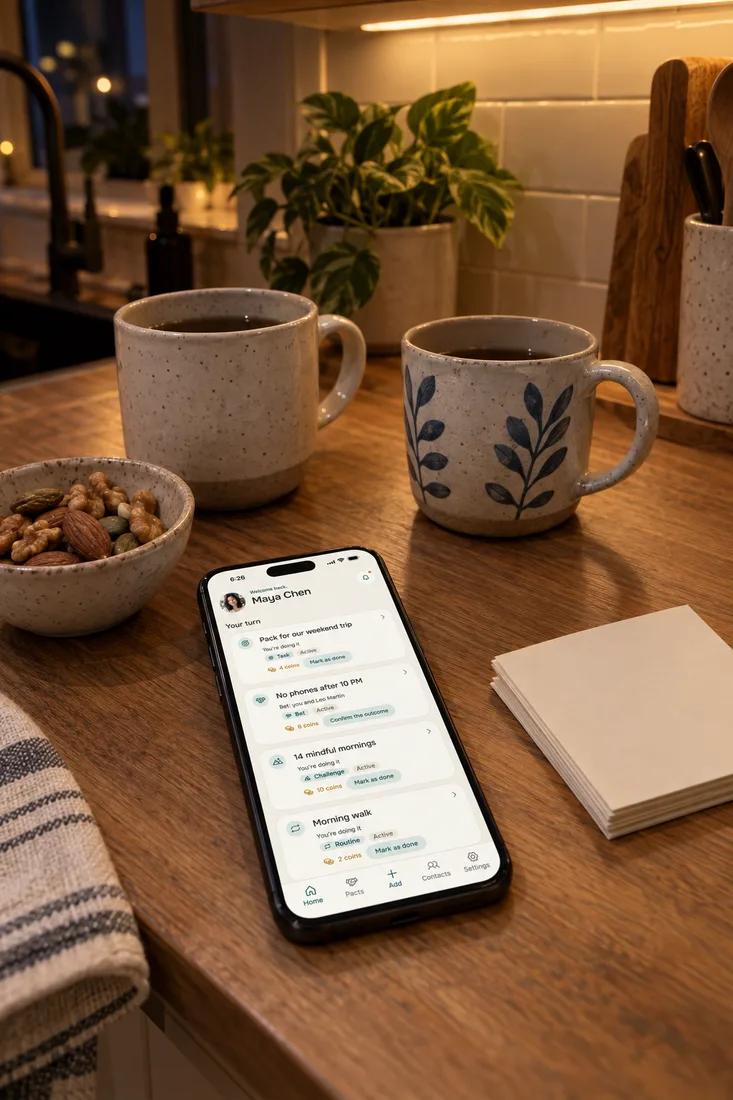 Questions to ask your boyfriend over a late snack: two mugs, a bowl of nuts, blank cue cards and a phone with the Alpacto home screen on a kitchen counter
