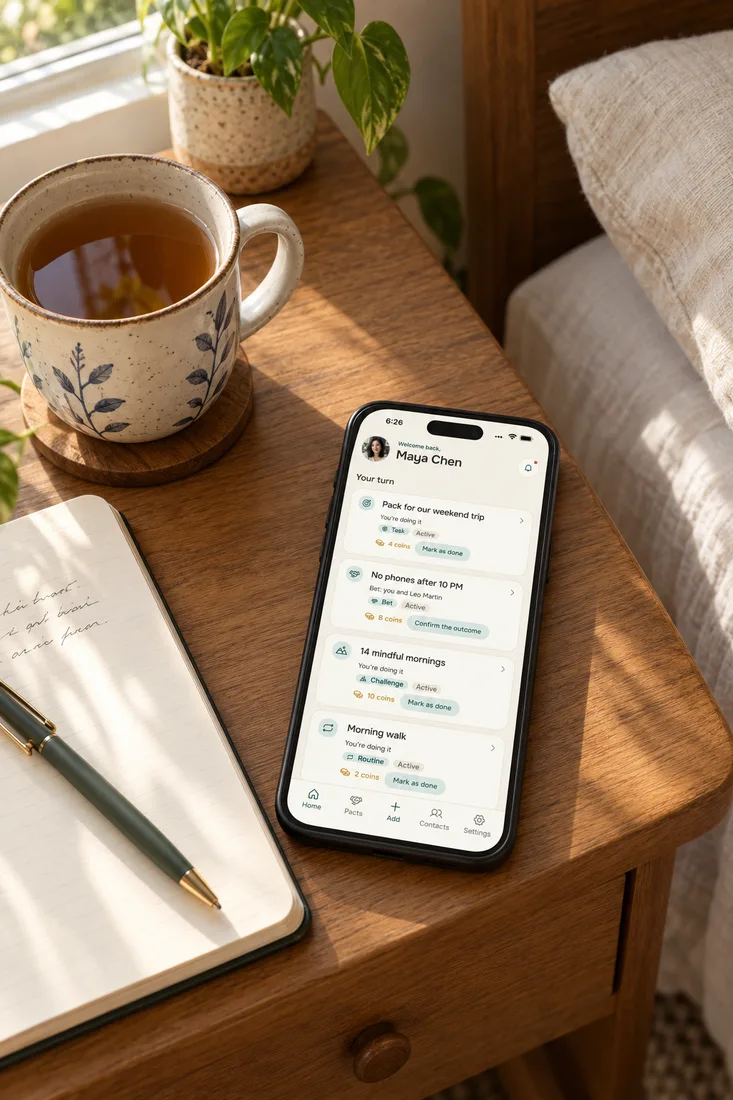 Questions to ask your girlfriend, written down on a nightstand: a cup of tea, an open notebook with a pen and a phone with the Alpacto home screen