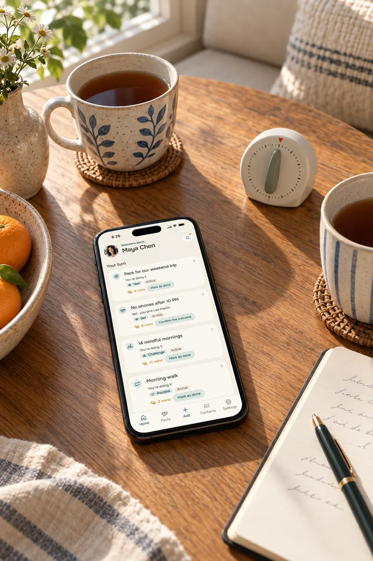 Relationship check in questions over weekend tea: a kitchen timer, a notebook with handwritten answers and a phone with the Alpacto home screen