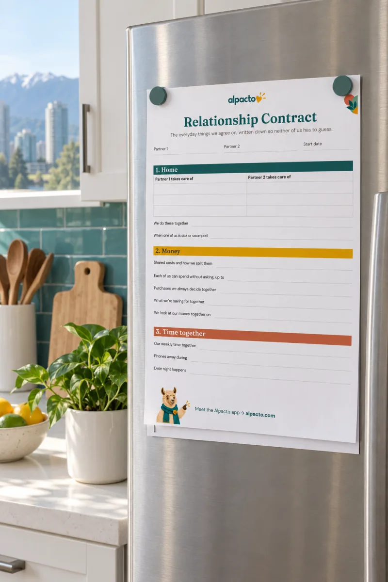 Relationship contract printed in color and held on a fridge door by two magnets