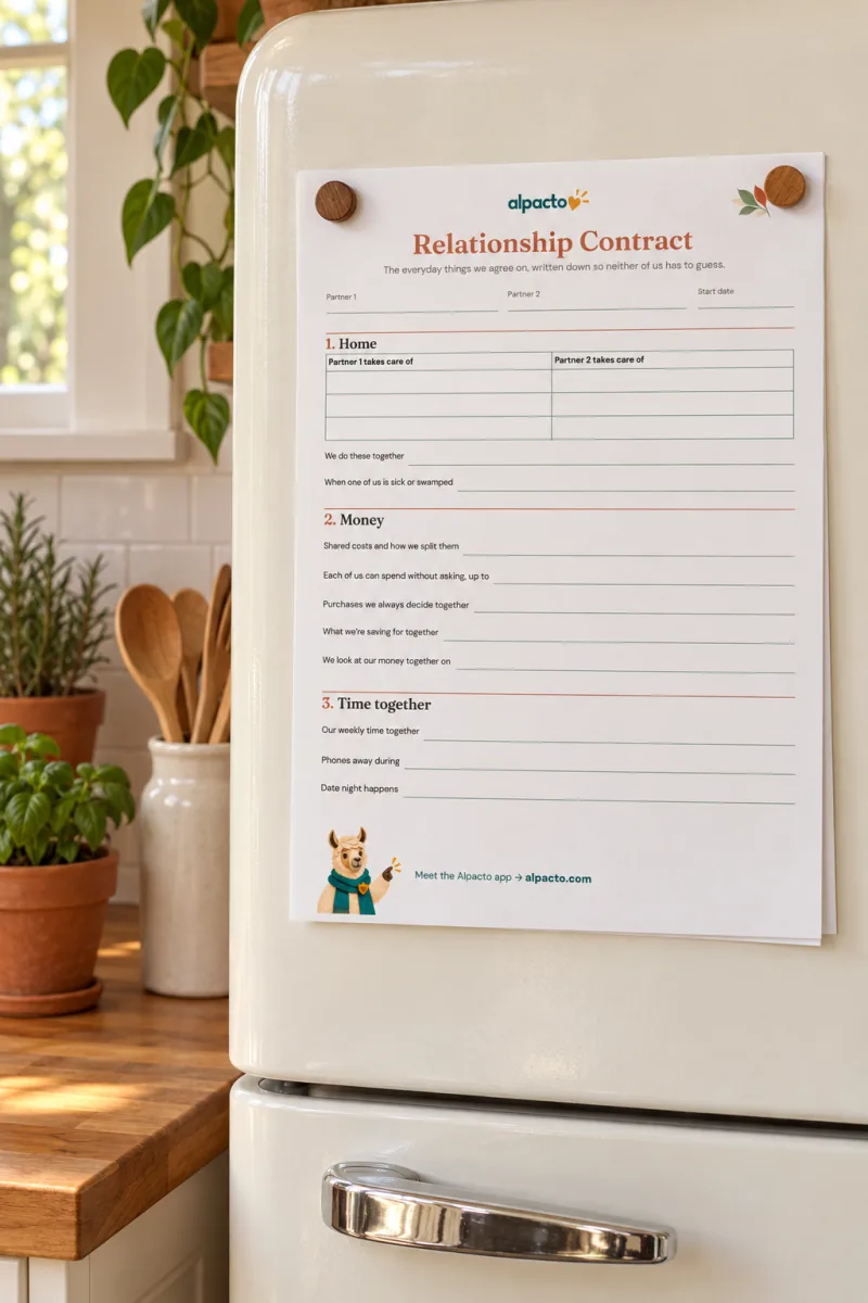 Questions to ask before marriage, answered on paper: a blank printable Relationship Contract on a cream fridge door