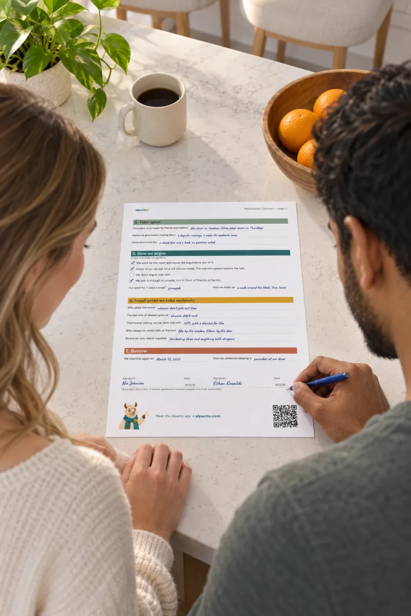 A couple at a kitchen island signing page two of the relationship contract