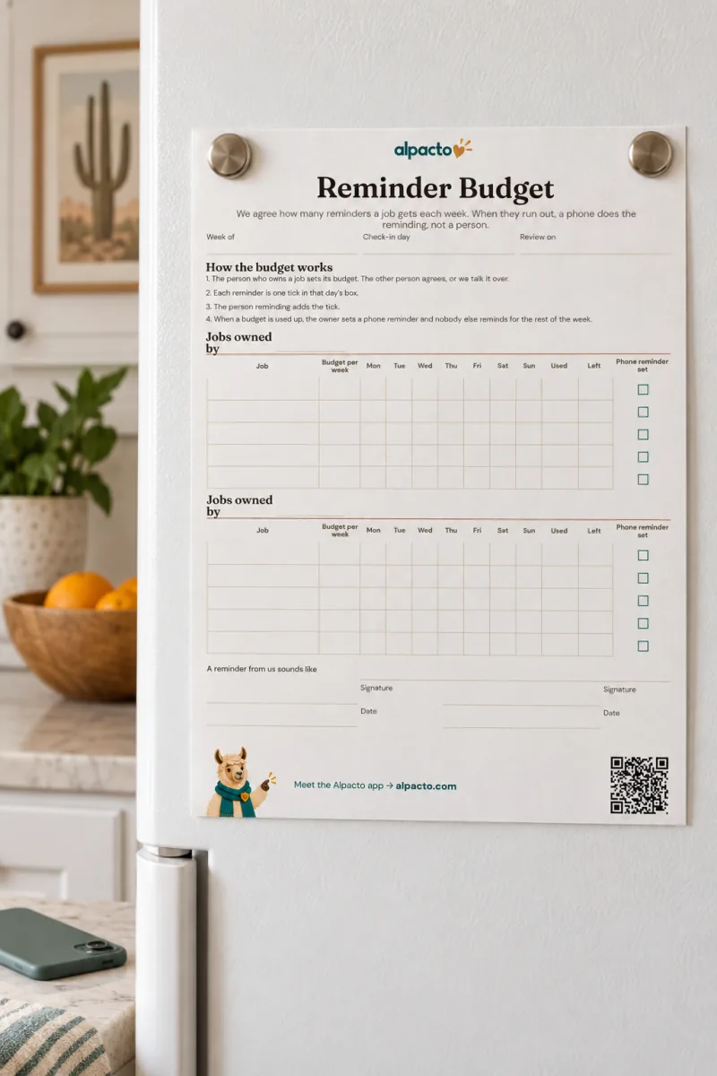 Blank reminder budget sheet on a white refrigerator, held by two magnets, a phone face down on the counter below