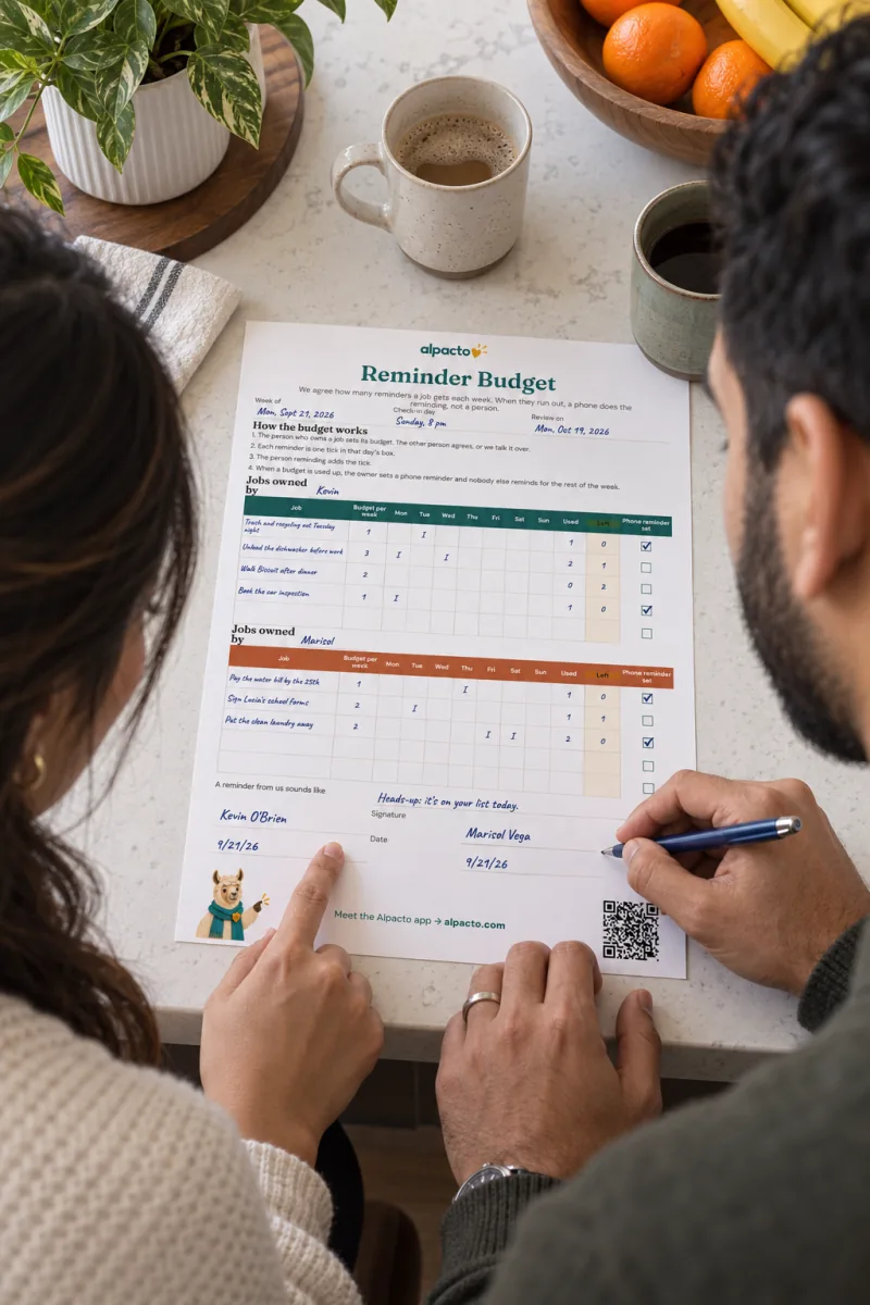 A couple seen from behind at a breakfast bar, he holds a pen by the signatures on the filled-in reminder budget while she points at a line