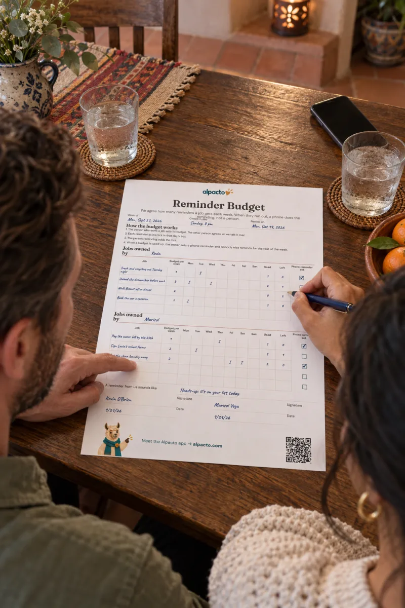 A couple seen from behind at a wooden dining table, she writes on the filled-in reminder budget while he points at section B