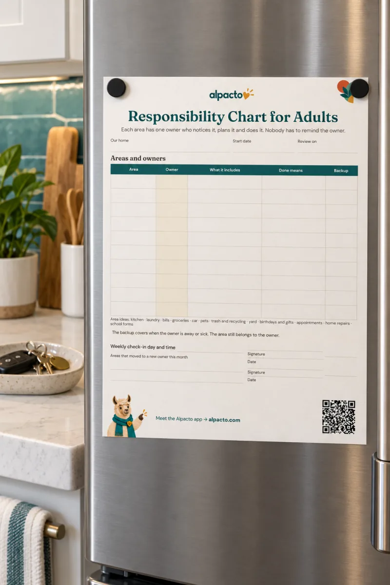 Responsibility chart for adults on a fridge door: a table of areas, owners and backups