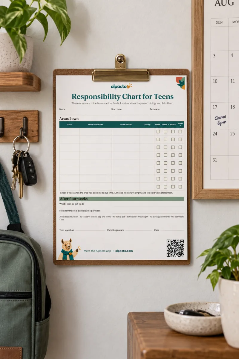 Responsibility chart for teens on a clipboard in a hallway, next to the family calendar