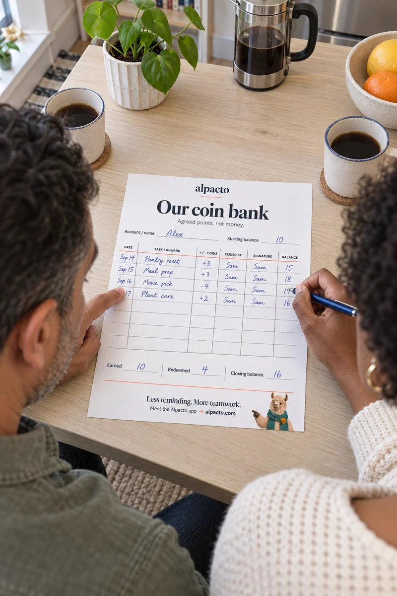 Reward chart for adults: two people at a kitchen table filling in the Our coin bank log, four entries so far