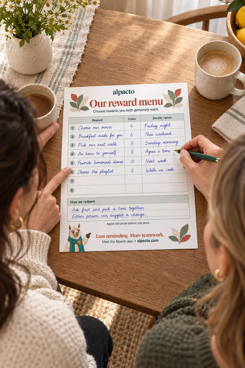Two people filling in the reward menu together at a table
