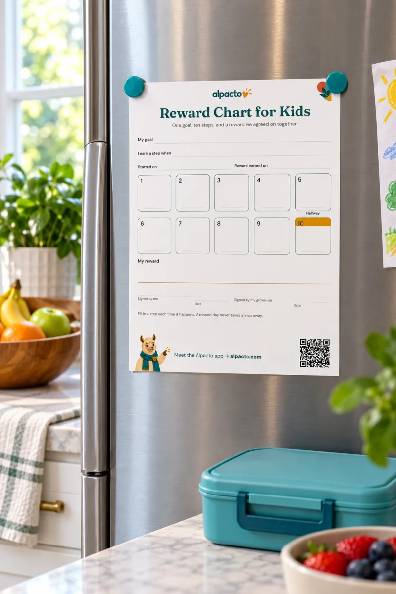 The reward chart on the fridge, ten steps waiting to be filled in
