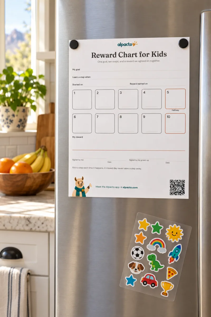 The reward chart on the fridge with a sheet of stickers next to it