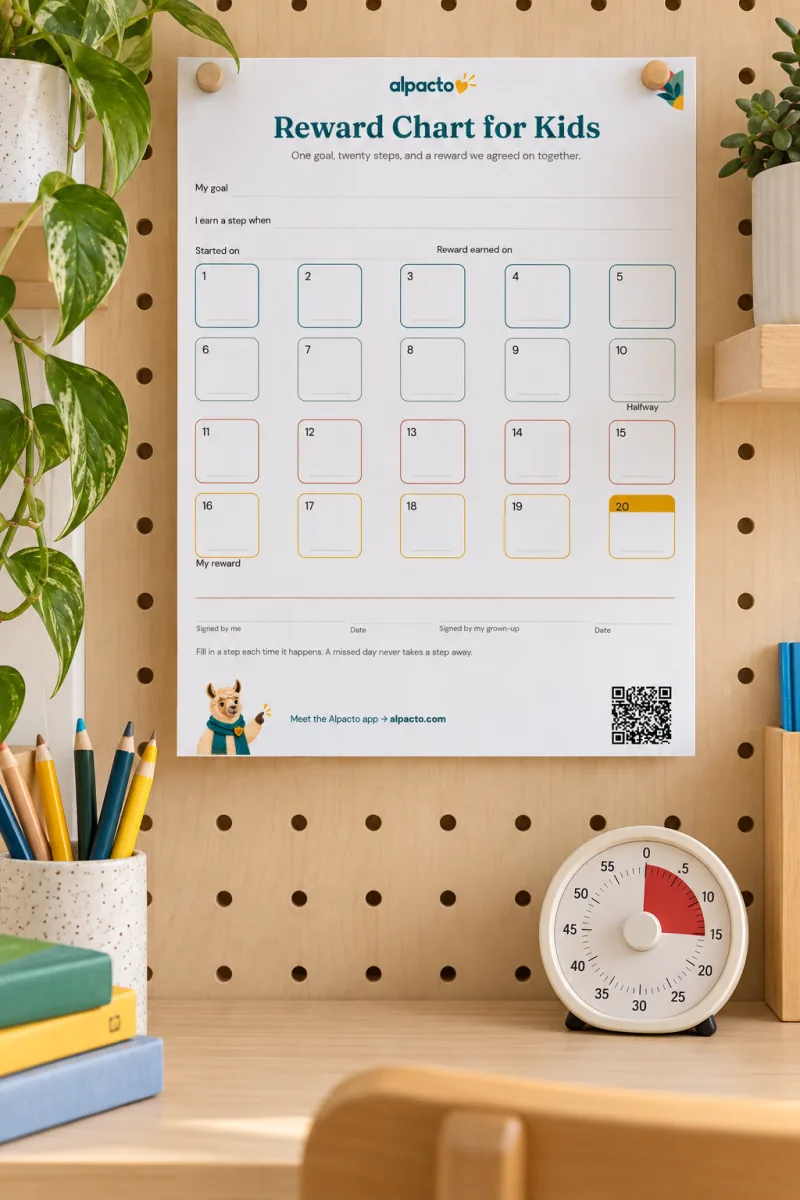The reward chart for kids pinned above a child’s desk
