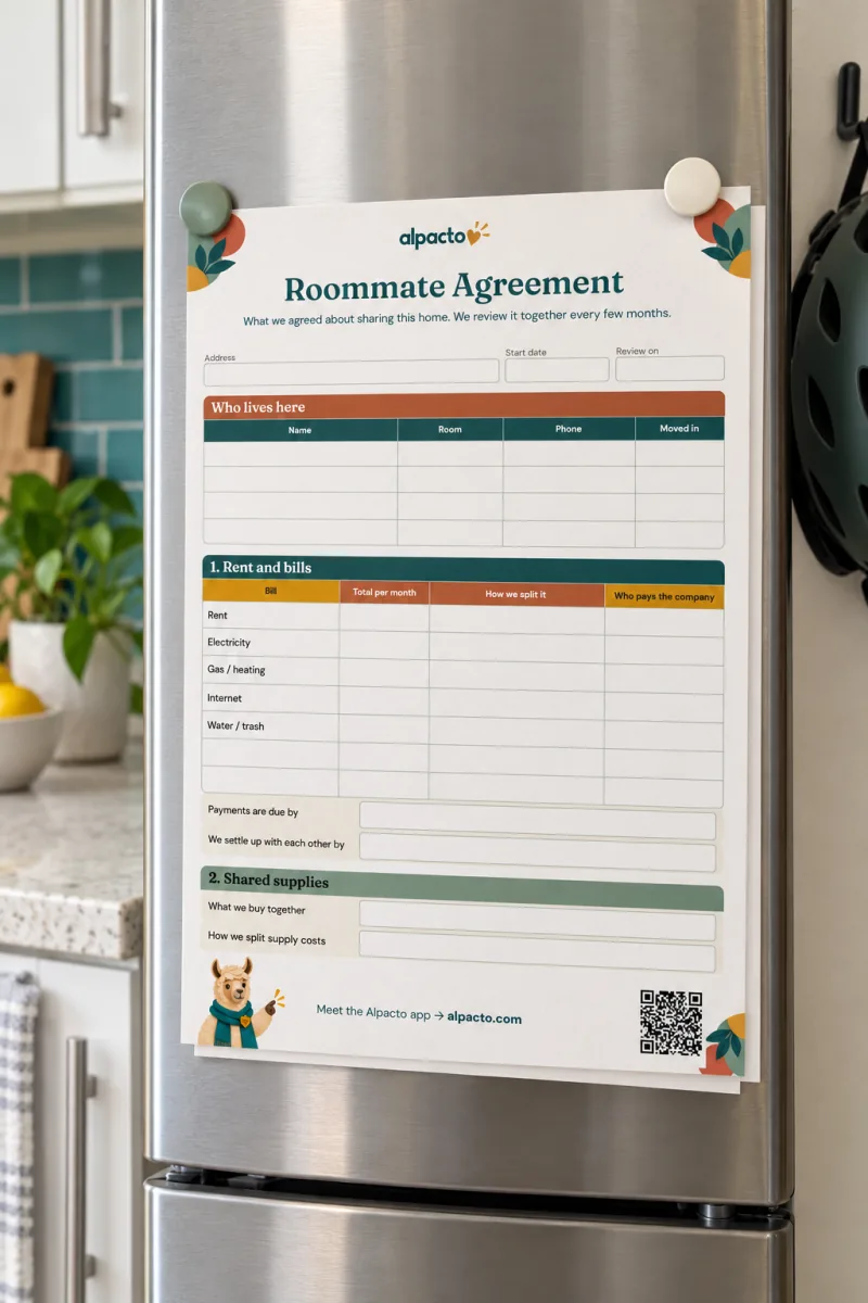 Blank roommate agreement template, page one, held by two magnets on a stainless fridge
