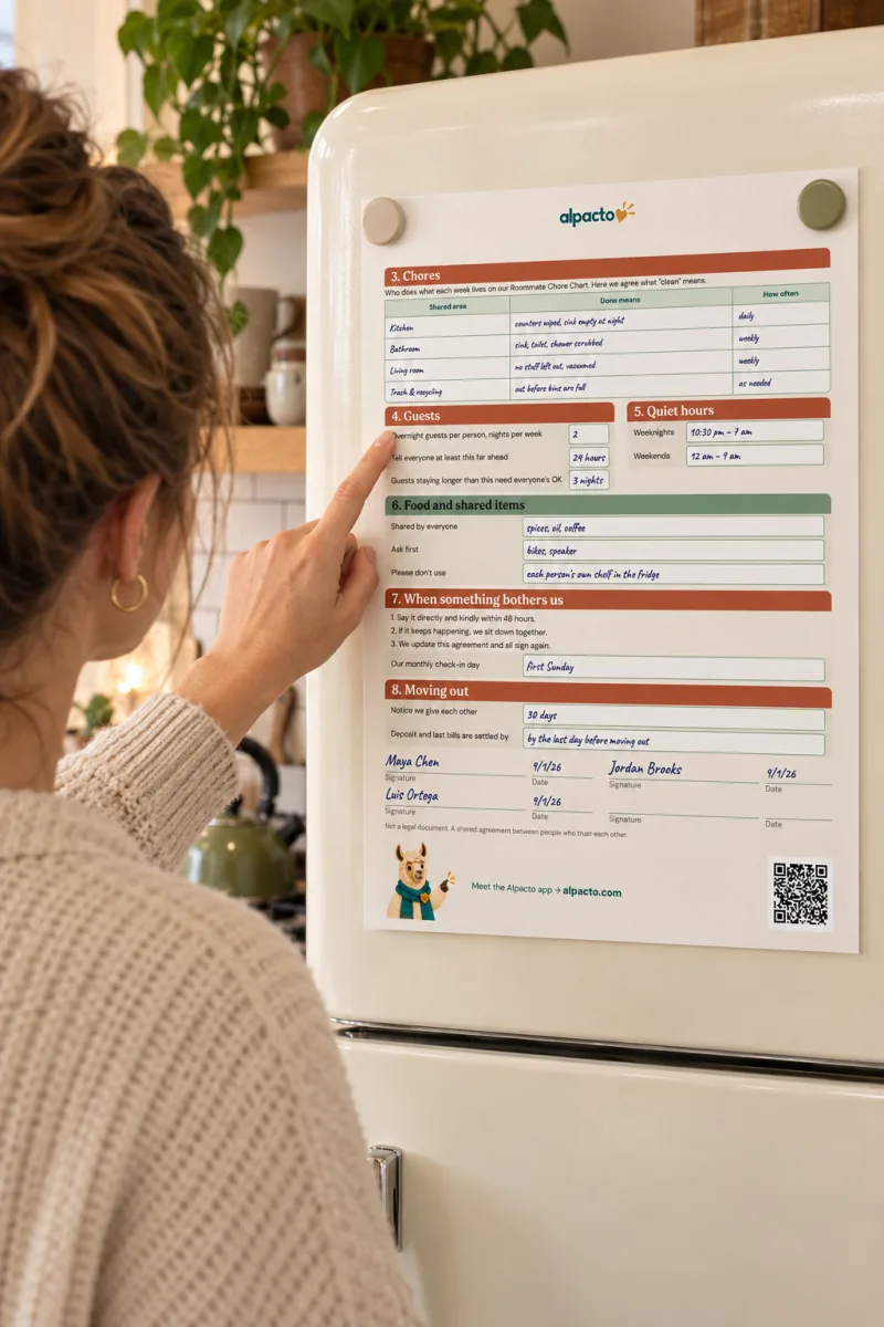 A woman points at section 4, Guests, on a signed roommate agreement held by magnets to a cream fridge