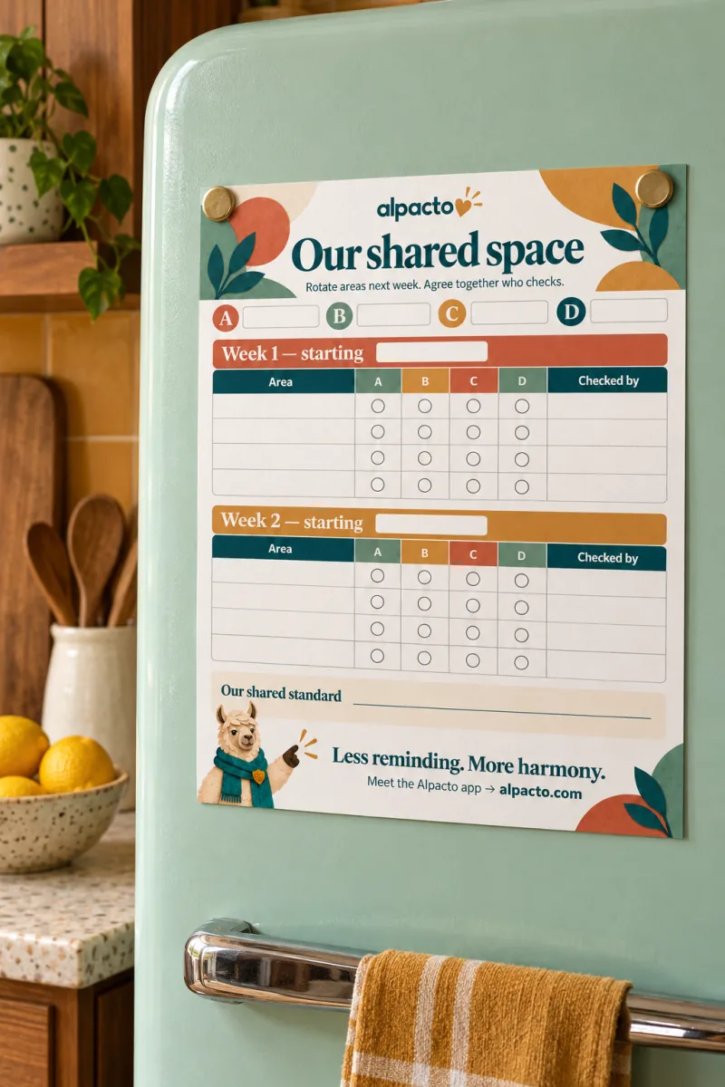 A blank roommate chore chart printable held to the fridge with magnets