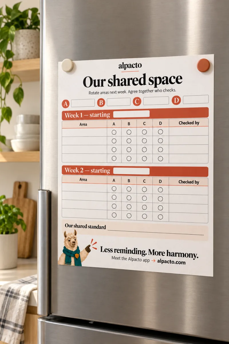 A blank roommate chore chart on the fridge in a shared kitchen
