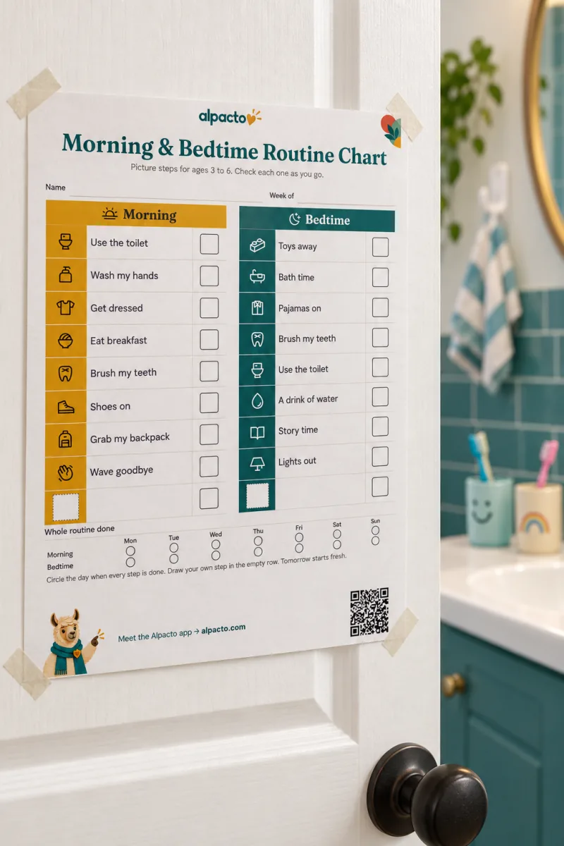 The color routine chart for ages 3 to 6 taped to a white bathroom door above the handle