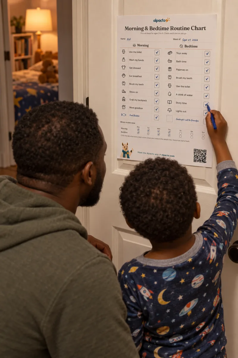 A boy in pajamas checks Story time on the routine chart taped to his bedroom door, his father beside him