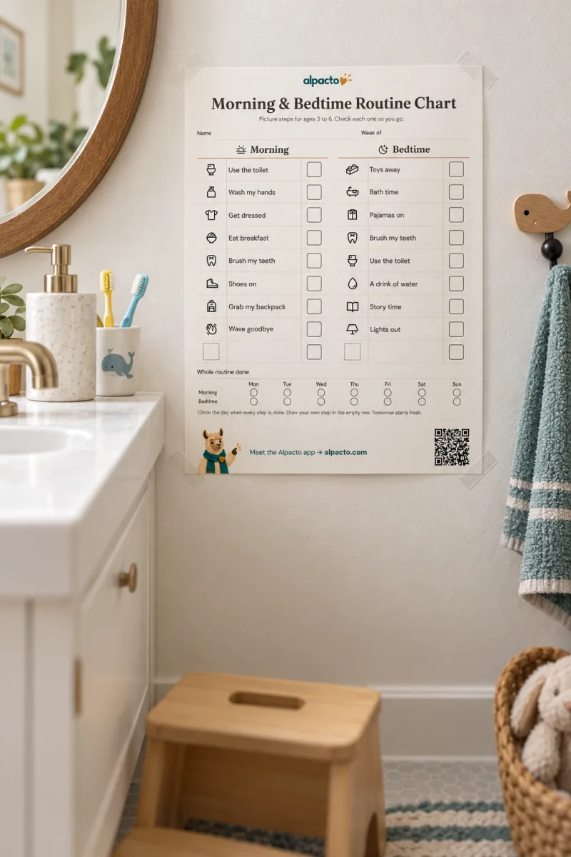 The ages 3 to 6 routine chart taped to a bathroom wall beside a round mirror