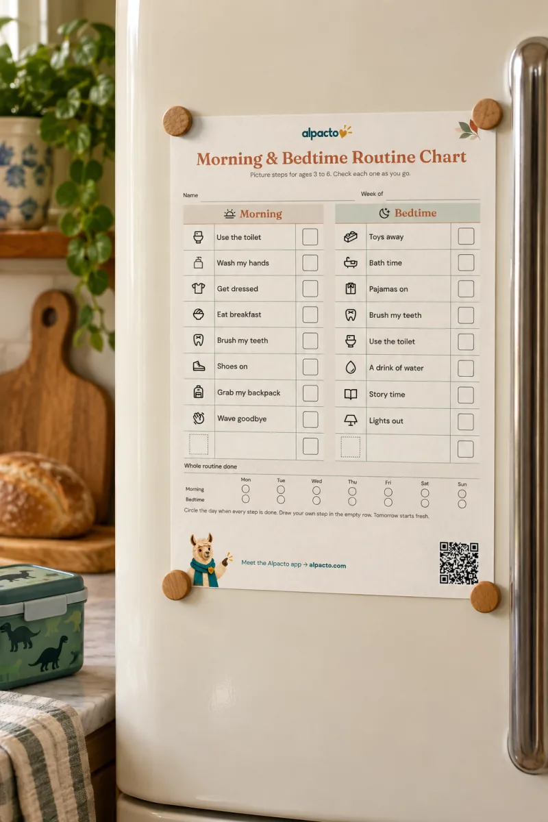 A morning routine chart for ages 3 to 6 held on a cream fridge by four wooden magnets