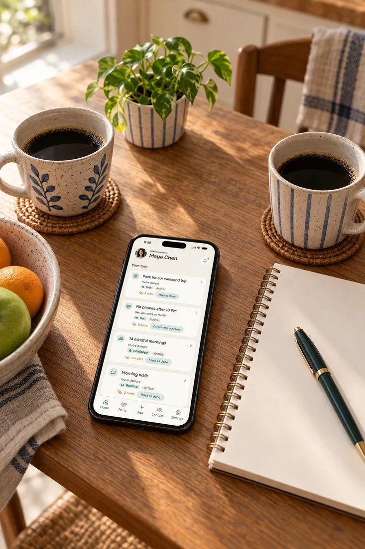 Rules for fighting fair, agreed when calm: two coffee mugs across a kitchen table, a blank notepad and a phone with the Alpacto home screen
