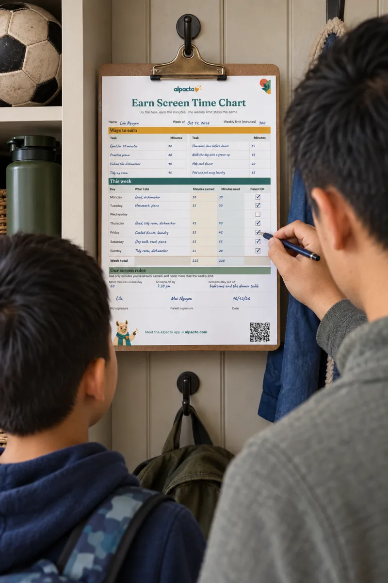 A father ticks Parent OK in the Friday row of a filled-in earn screen time chart on a mudroom clipboard, his son beside him with a backpack
