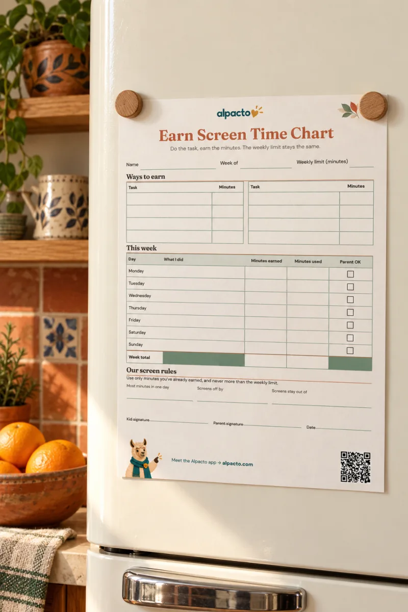 Blank screen time chart held on a cream refrigerator by two wooden magnets, a bowl of oranges on the counter
