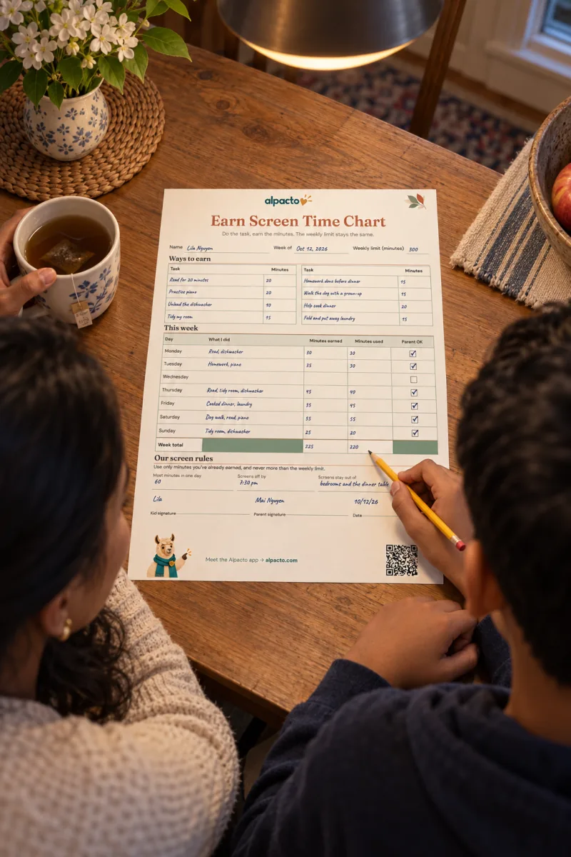 A boy adds up the Week total on the filled-in screen time chart with a pencil while his mother holds a mug of tea