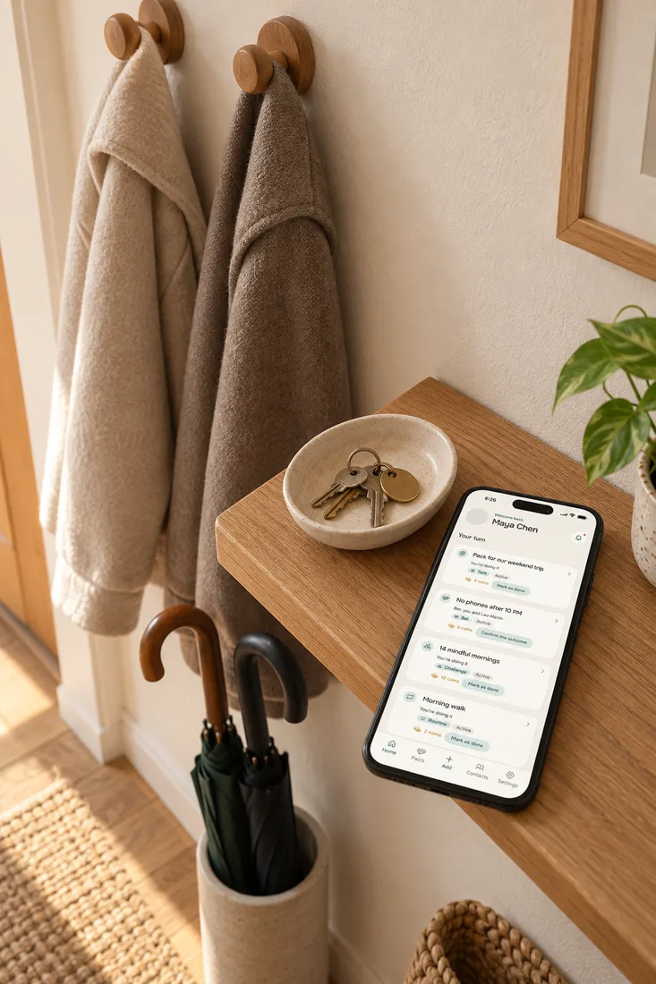 Signs of a healthy relationship in a shared hallway: two coats on hooks, umbrellas, keys in a dish and a phone with the Alpacto home screen