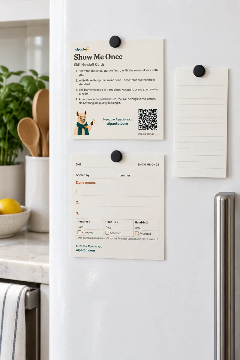 Skill handoff cards on a white refrigerator: the Show Me Once rules card above one blank skill card, each held by a magnet