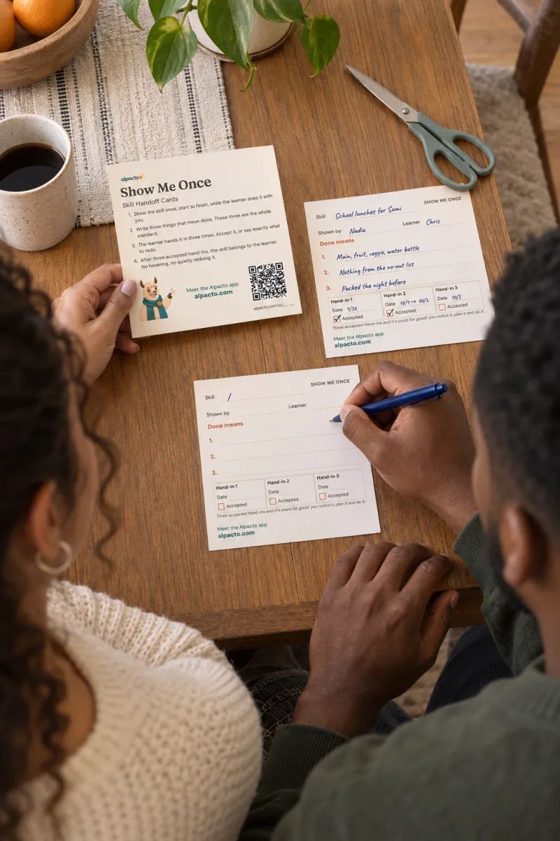 A couple at a dining table: he writes the Skill line on a blank card while she holds the Show Me Once rules card
