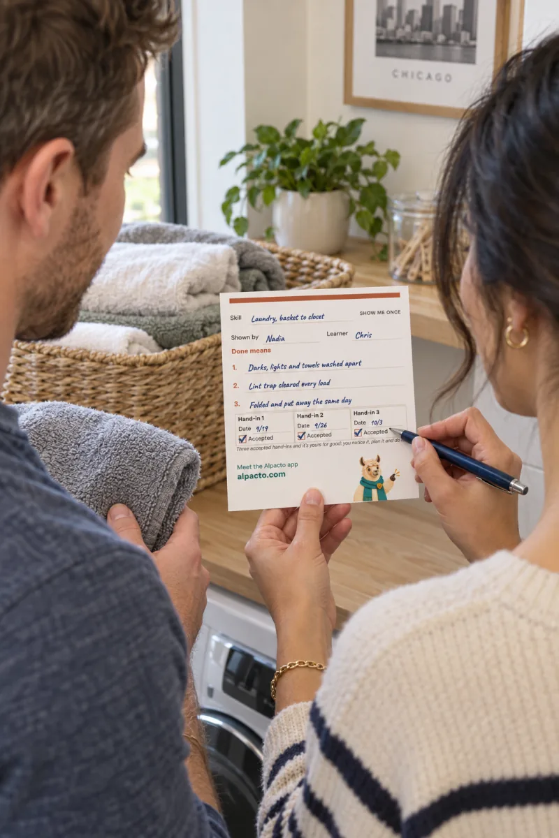 Two people in a laundry room, seen from behind: she ticks the third Accepted box on the laundry card he is holding
