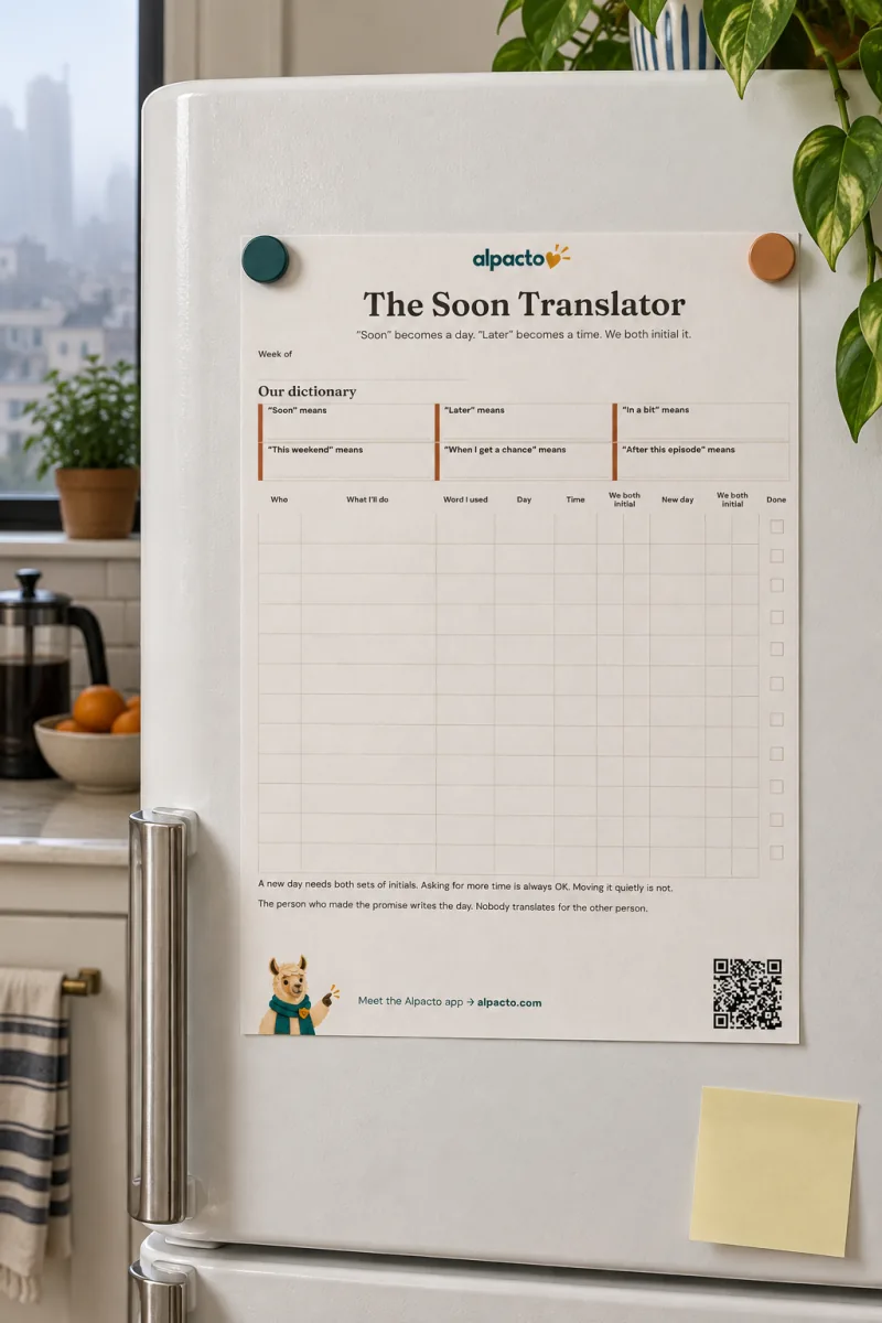 Blank soon translator on a white refrigerator, held by a teal and a terracotta magnet, a blank sticky note below