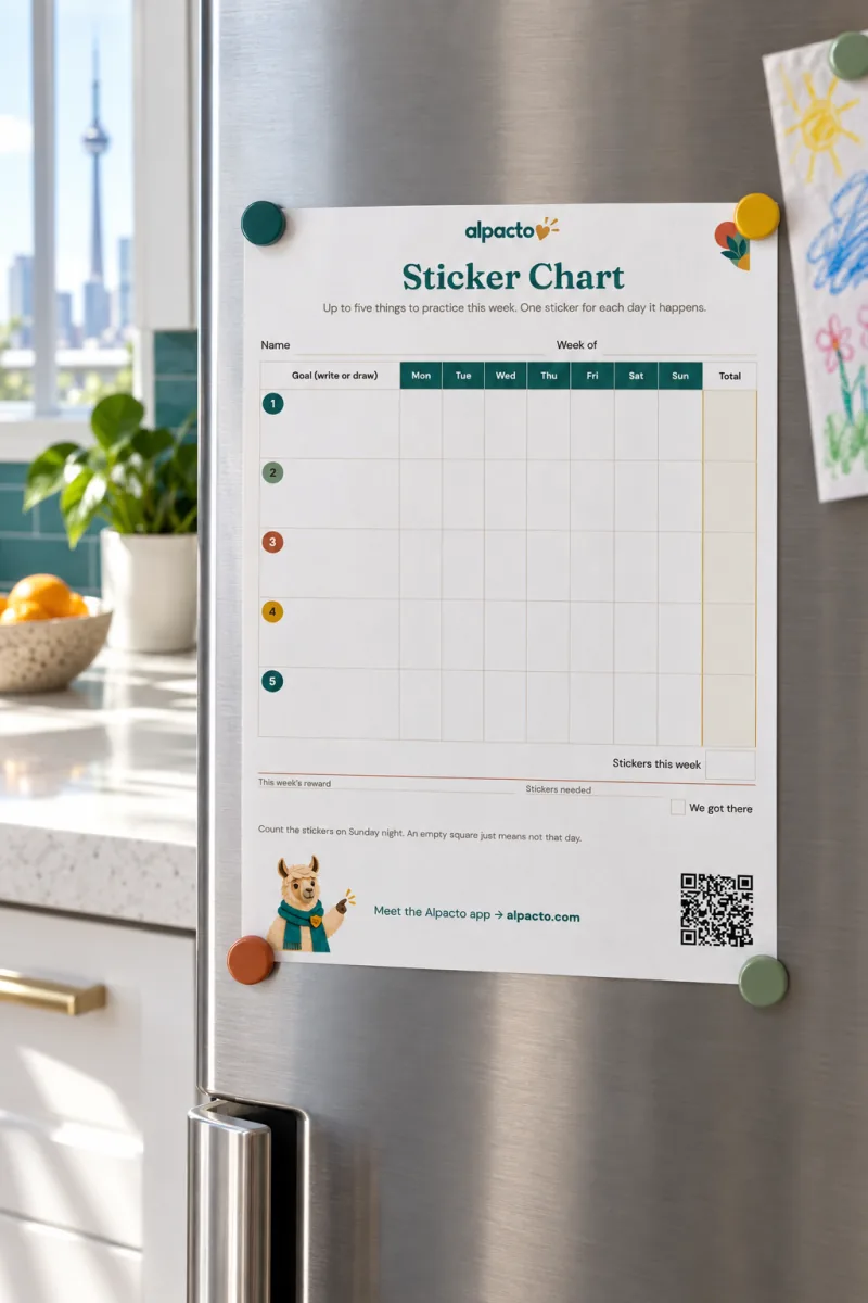 A blank printable sticker chart on the fridge, five goal rows waiting to be filled in