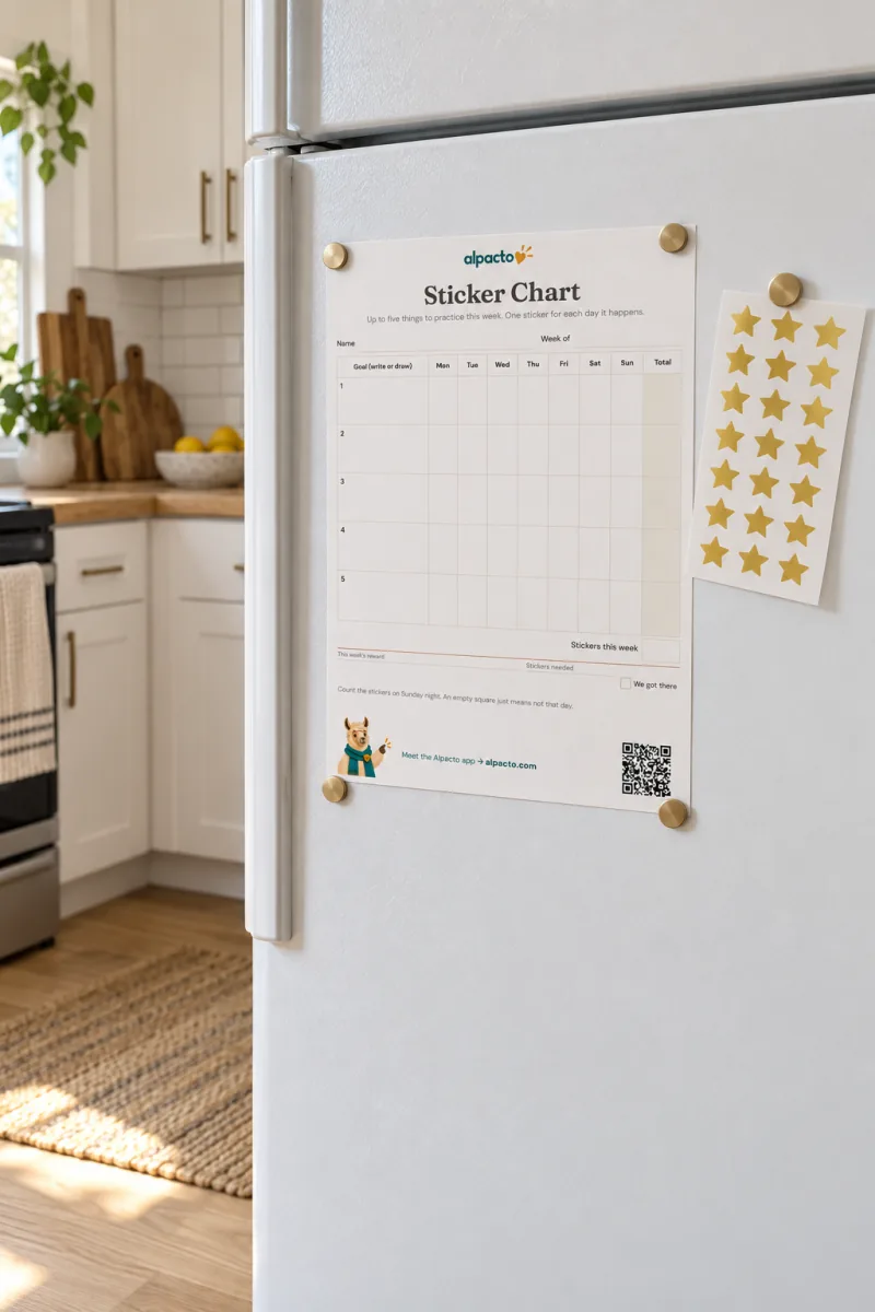 The sticker chart on the fridge with a sheet of stars beside it