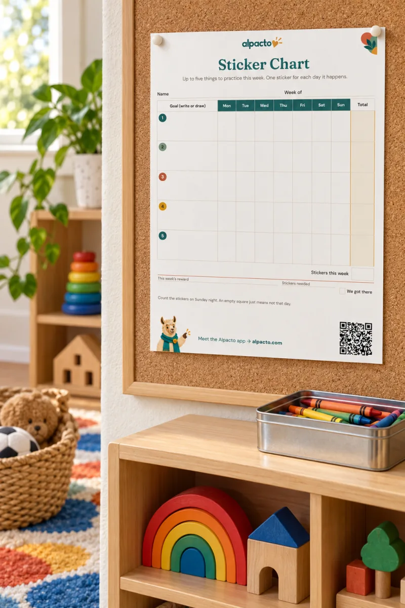 The printable sticker chart pinned to a board in a playroom