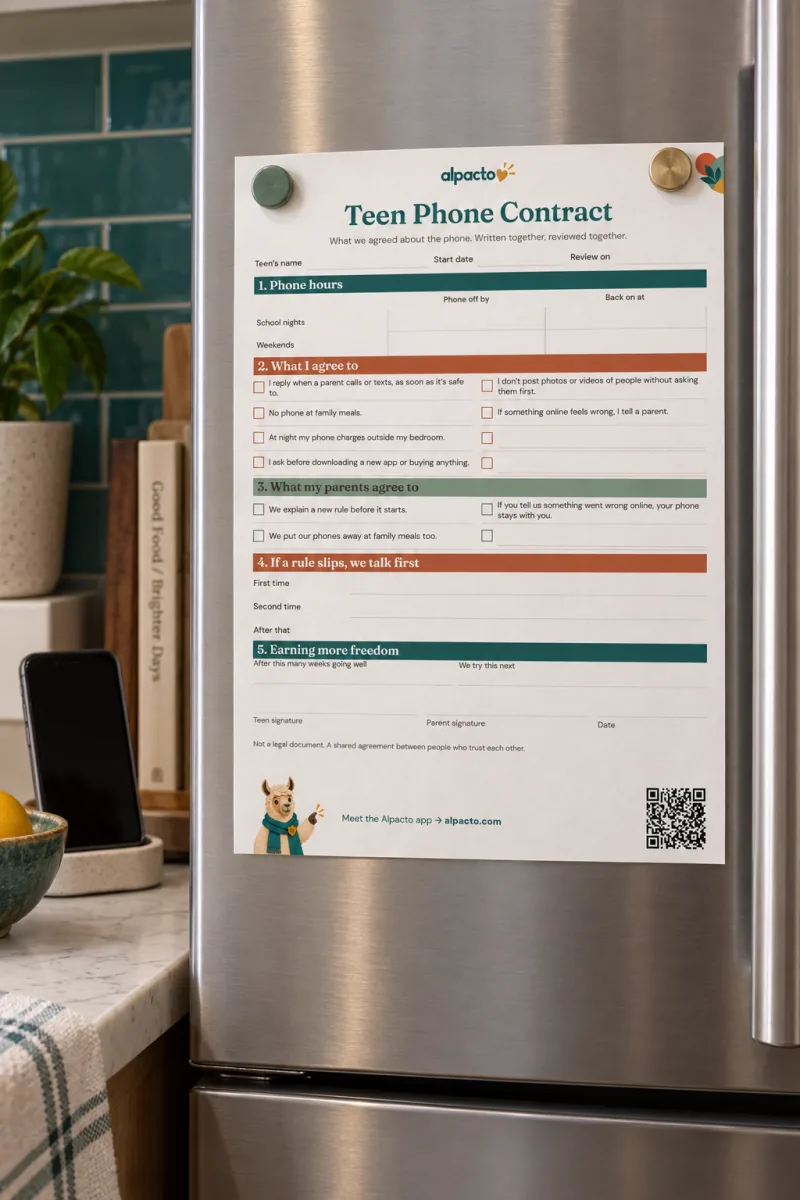 Blank cell phone contract for teens held by two magnets on a stainless fridge, a dark-screen phone on a charging dock nearby