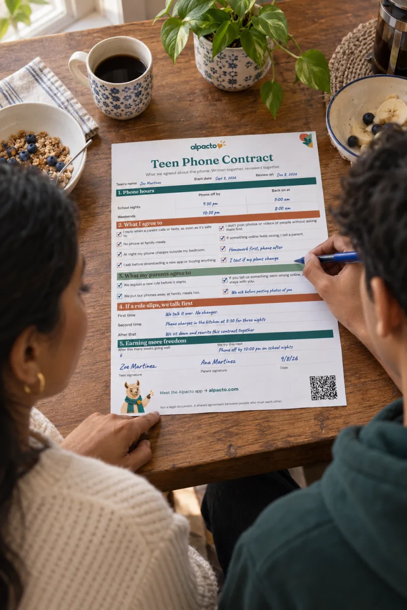 A mother and her teenage son at a breakfast table, the son's pen on a handwritten rule line of a filled-in phone contract