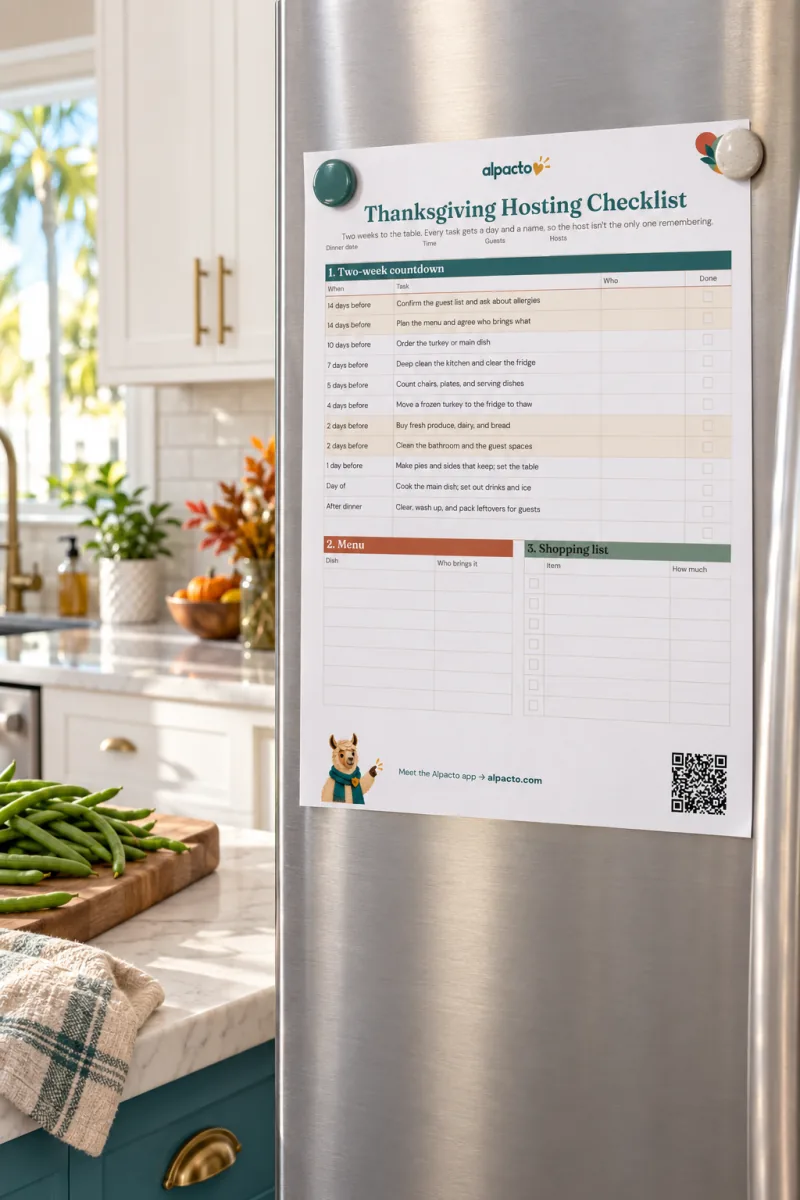 The blank Thanksgiving hosting checklist in the color design on a stainless fridge, fresh green beans on a cutting board beside it