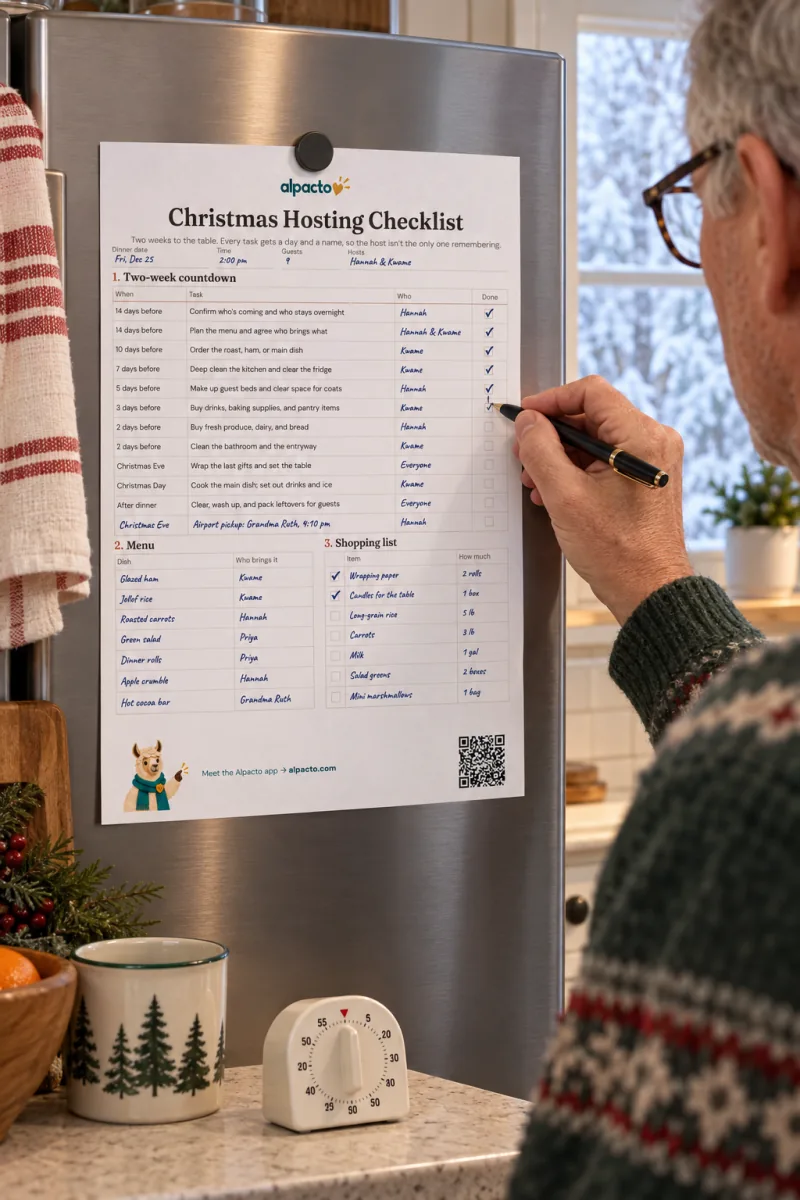 An older man in reading glasses ticks a Done box on the filled-in Christmas hosting checklist on a steel fridge