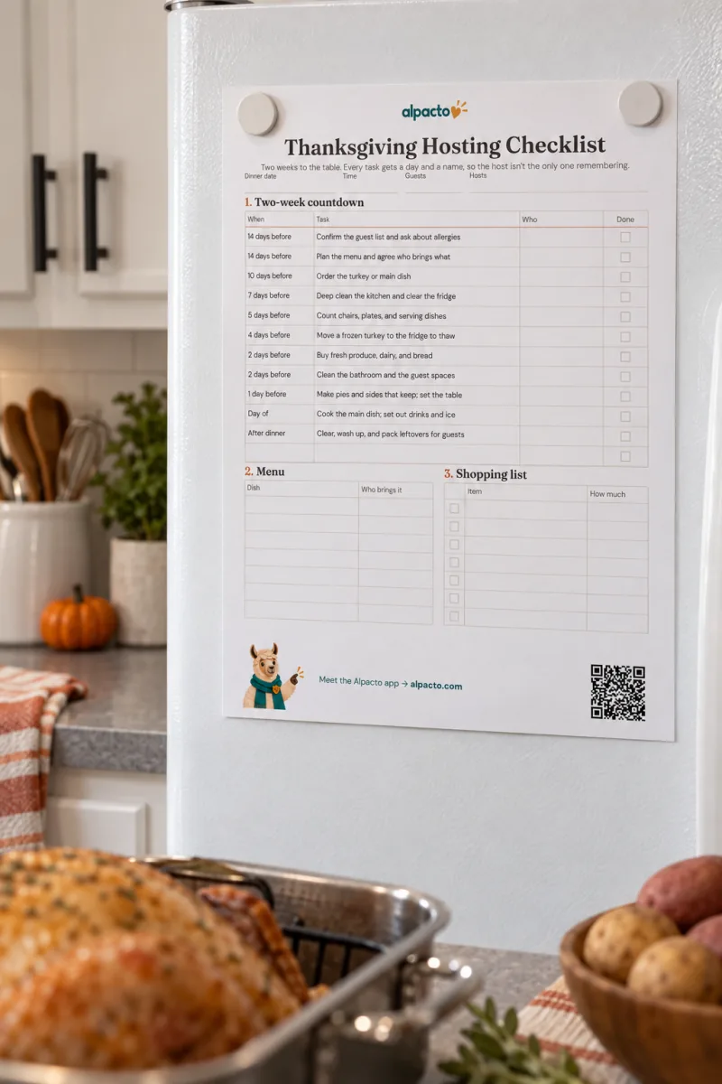 A checklist for hosting Thanksgiving on a white fridge, held by two magnets, a roast turkey in a pan in front