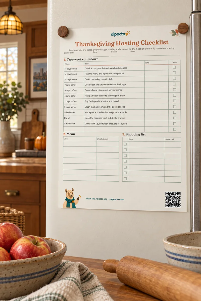 The blank Thanksgiving hosting checklist in the warm design on a cream fridge, held by wooden magnets, apples and a rolling pin below