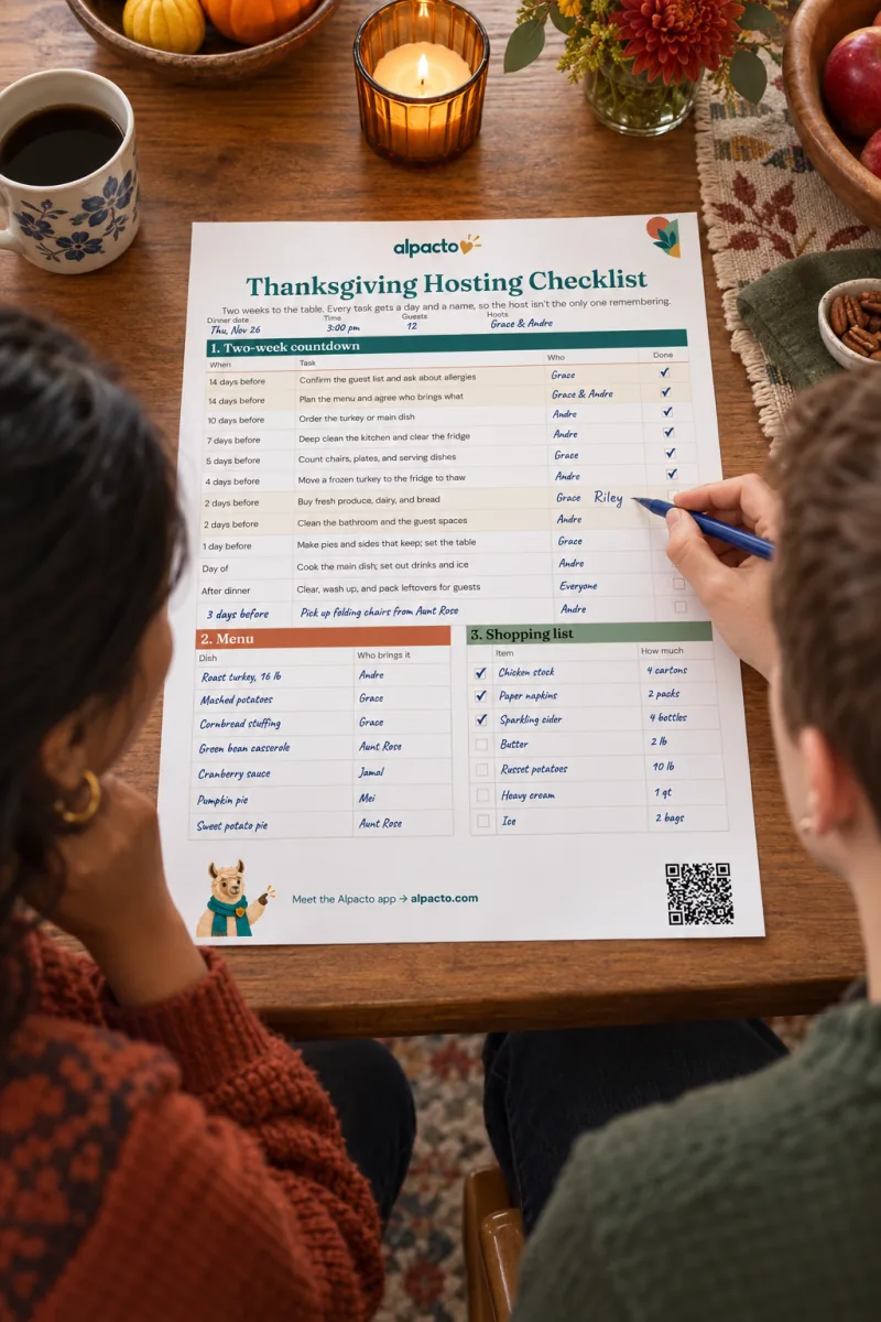 Two friends at a wooden table, one adds a second name in the Who column of the filled-in Thanksgiving hosting checklist