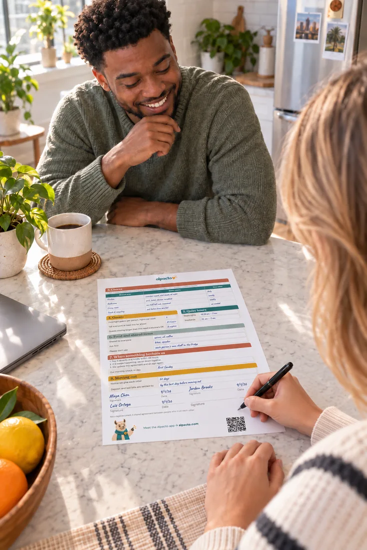 Rent split calculator for roommates: two roommates signing their roommate agreement at the kitchen counter