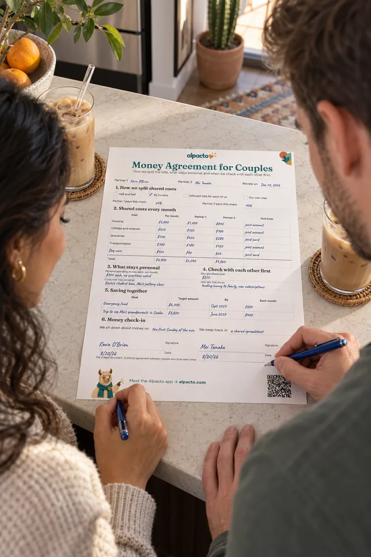 Two people at a kitchen table working out how to split expenses for the month