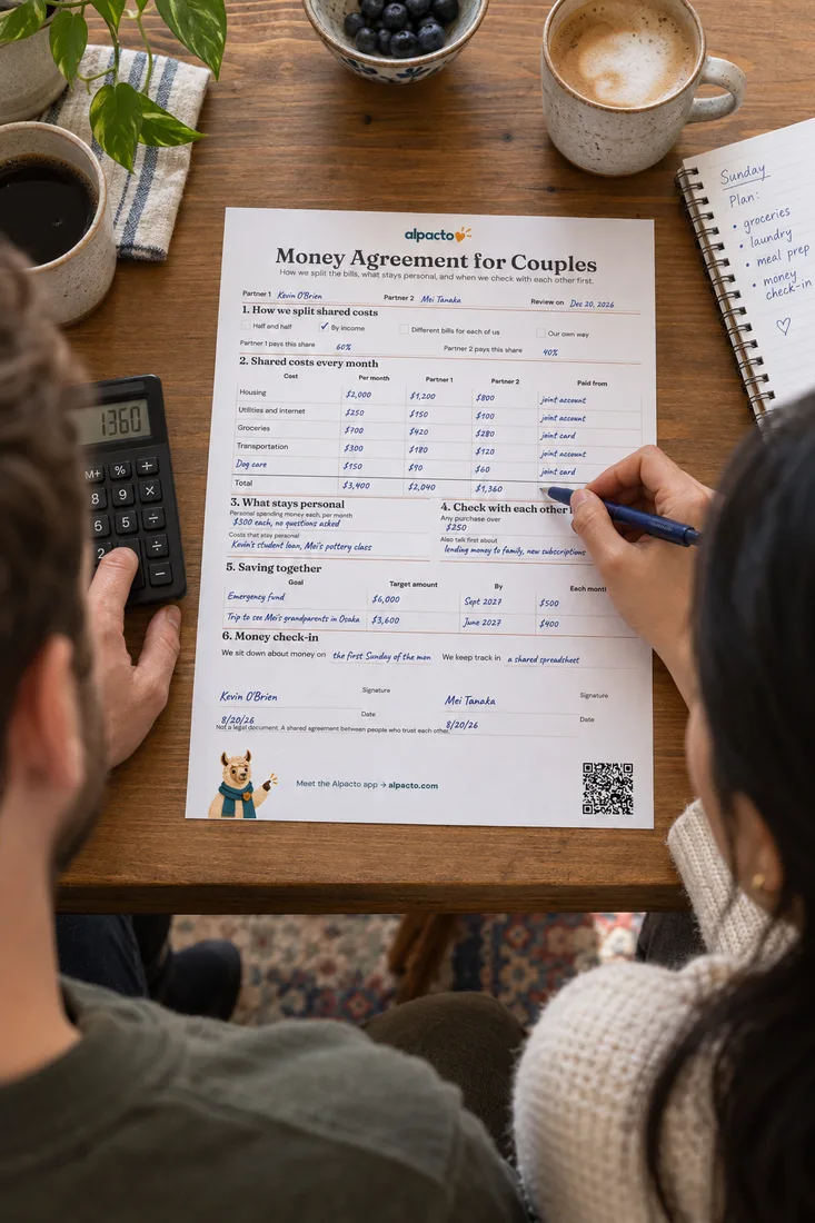 Free calculators for couples and roommates: two people at a table filling in their shared costs, a calculator beside the sheet