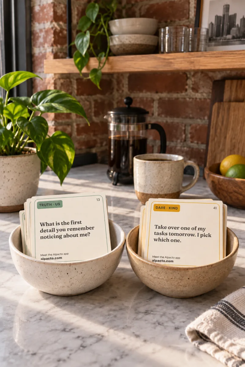 Truth or dare for couples, printed: a stack of truth cards and a stack of dare cards in two bowls on a kitchen counter