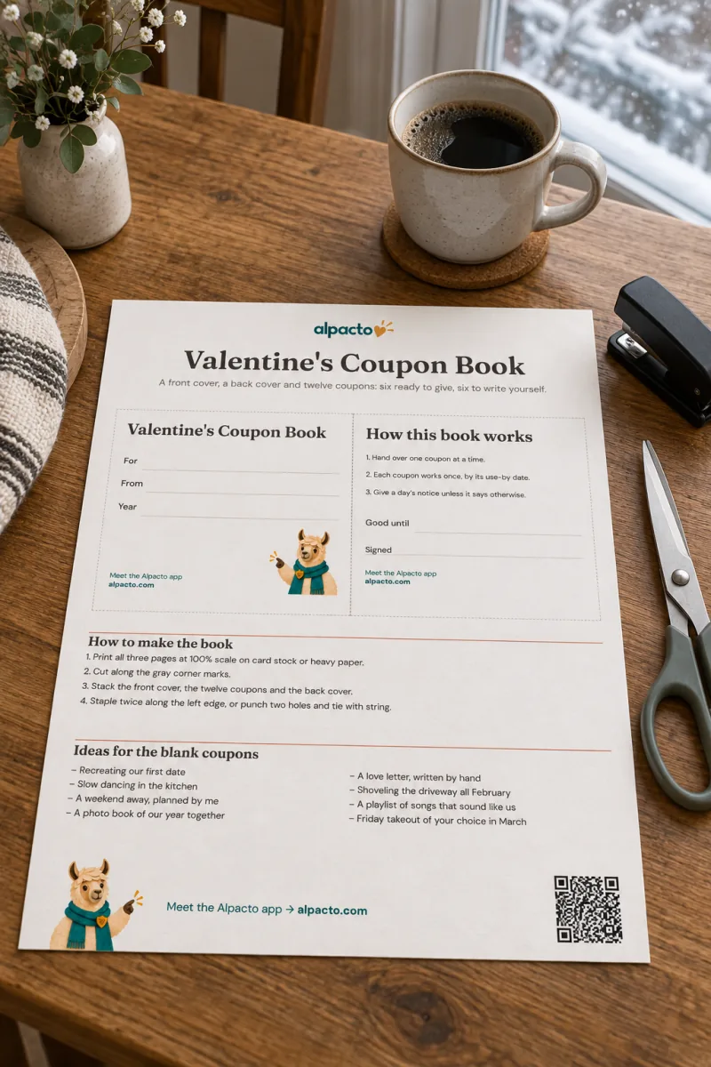 Blank cover sheet of the Valentine's coupon book on a wooden table next to a stapler, scissors and a cup of coffee, snow outside the window