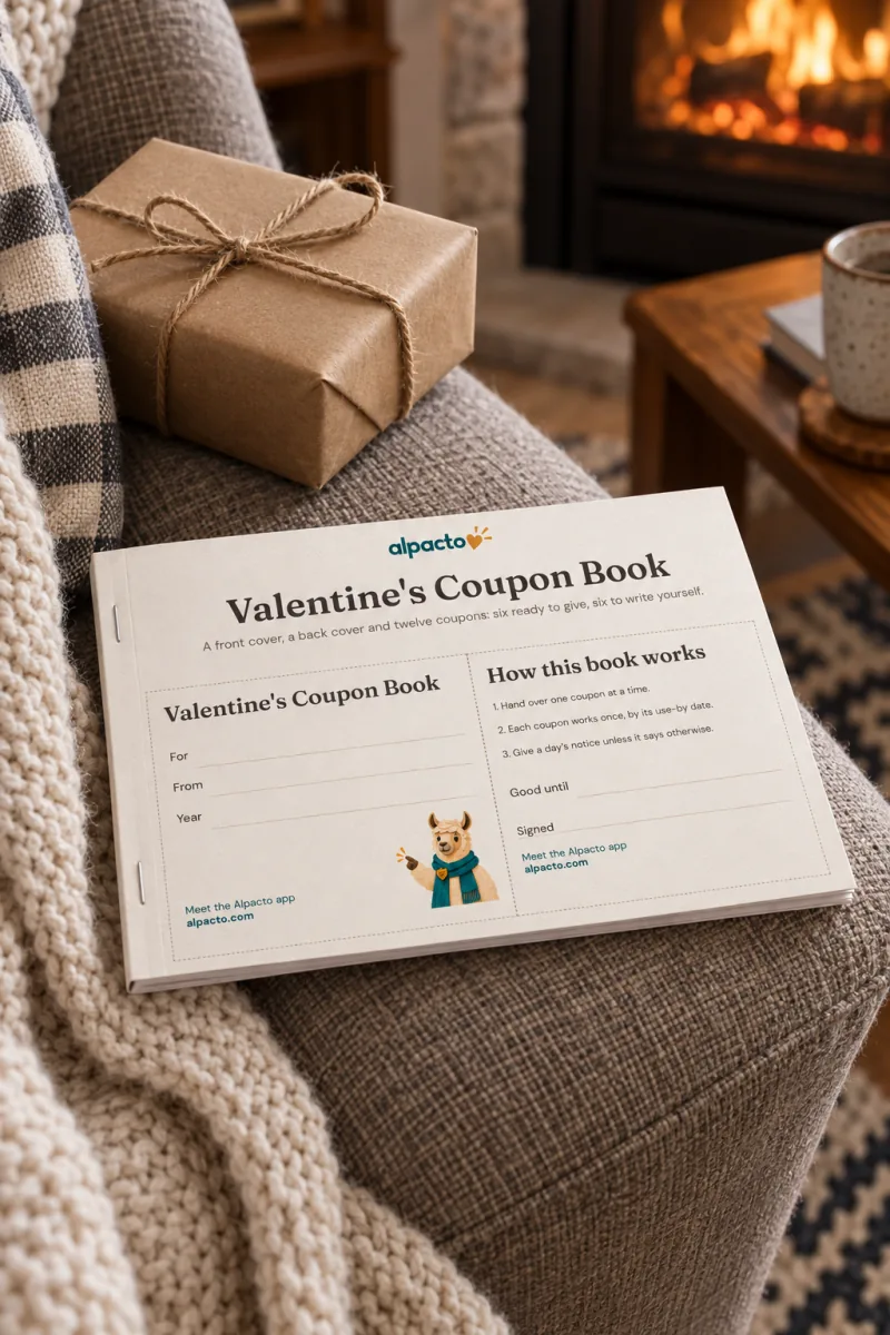 The printable coupon book that goes with these Valentine's Day ideas for him: the blank sheet of covers on an armchair next to a wrapped gift